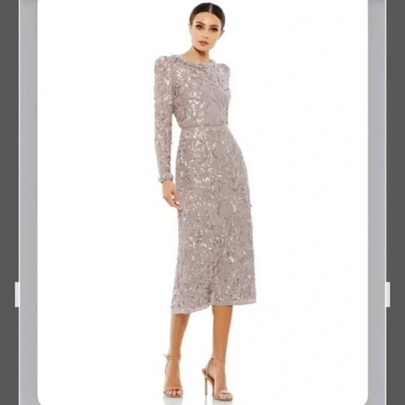 MAC DUGGAL 93595 Ruffle Neck Long Sleeve Sequin Midi Fitted Dress Mauve Size 14 - Picture 2 of 8